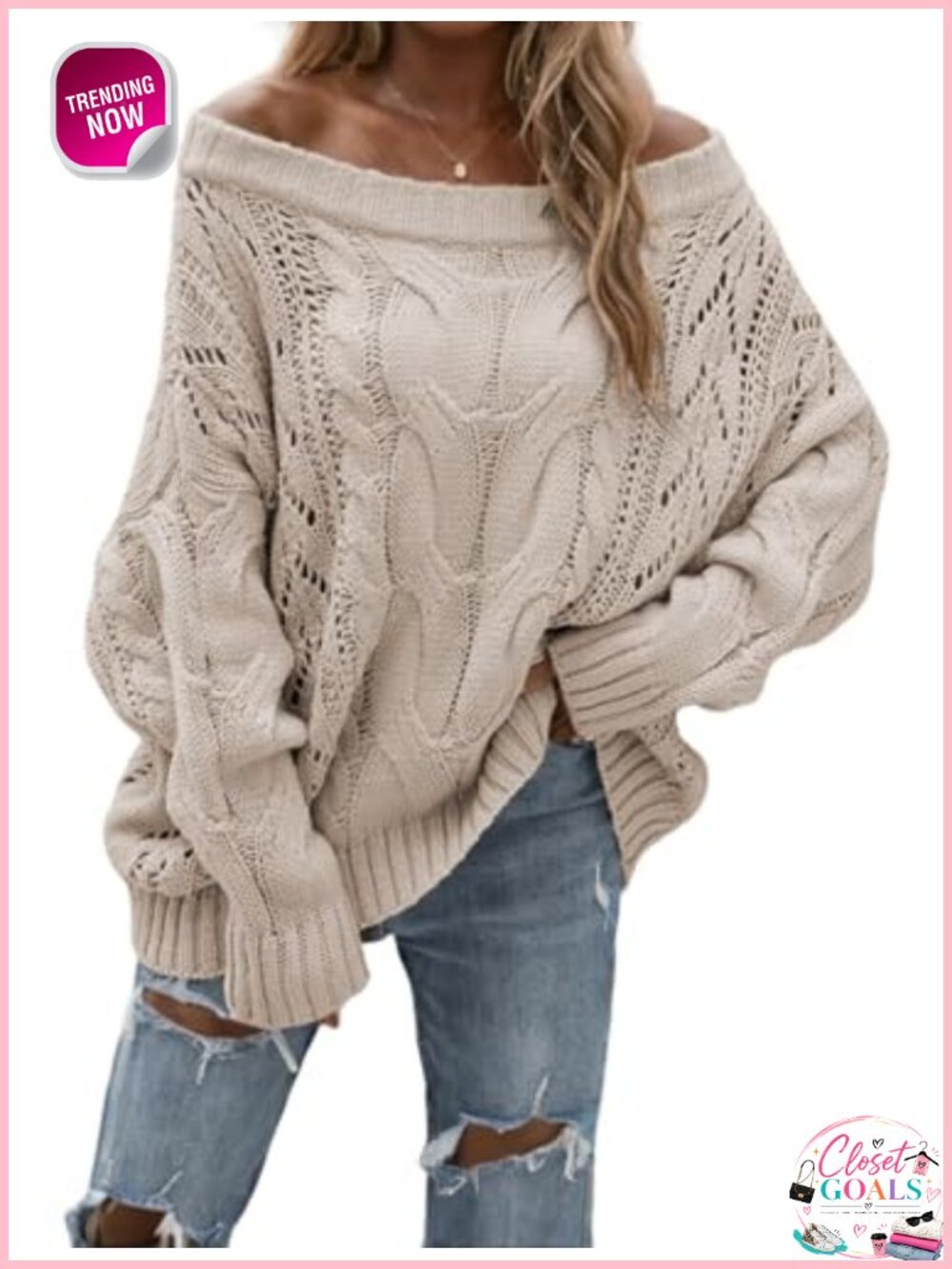Off The Shoulder Chunky Knit Sweater Pullover Long Sleeve Acrylic